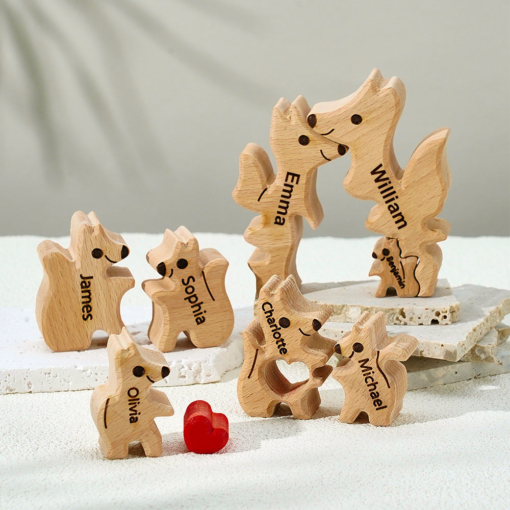 Wooden Fox Family Puzzle Custom Names House Warming Gifts