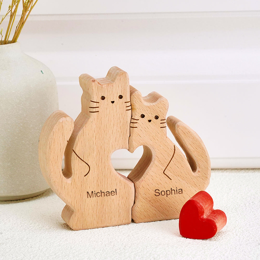 Wooden Cats Family Custom Names Puzzle Home Decor Gifts