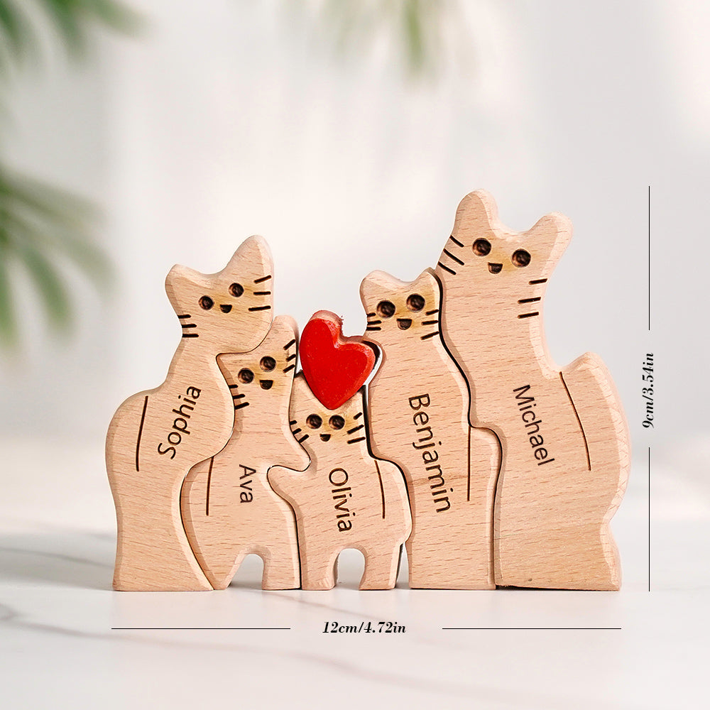 Wooden Cats Family Custom Names Puzzle Home Decor Gifts