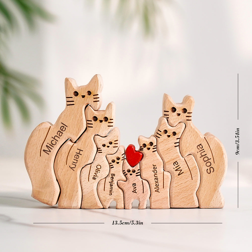 Wooden Cats Family Custom Names Puzzle Home Decor Gifts