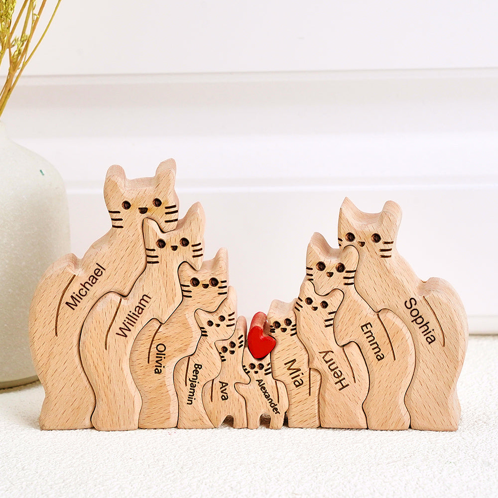 Wooden Cats Family Custom Names Puzzle Home Decor Gifts