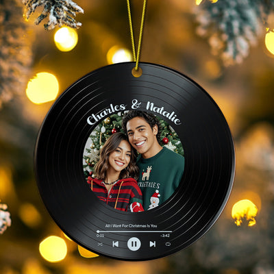 Personalized Photo Vinyl Record Style Ornament Christmas Ceramic Ornament Gift for Lover - mysiliconefoodbag