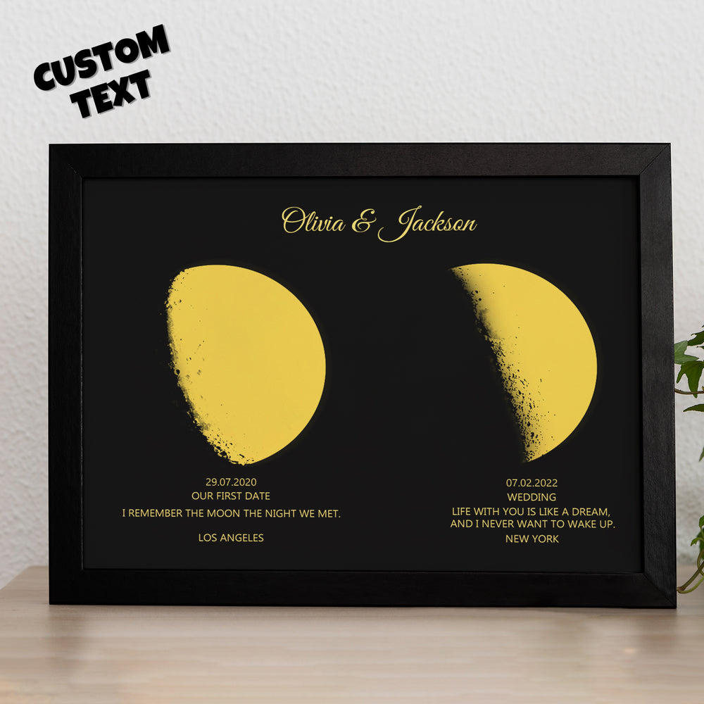 Custom Moon Phase and Names Wooden Frame with Personalized Text Gold Moon