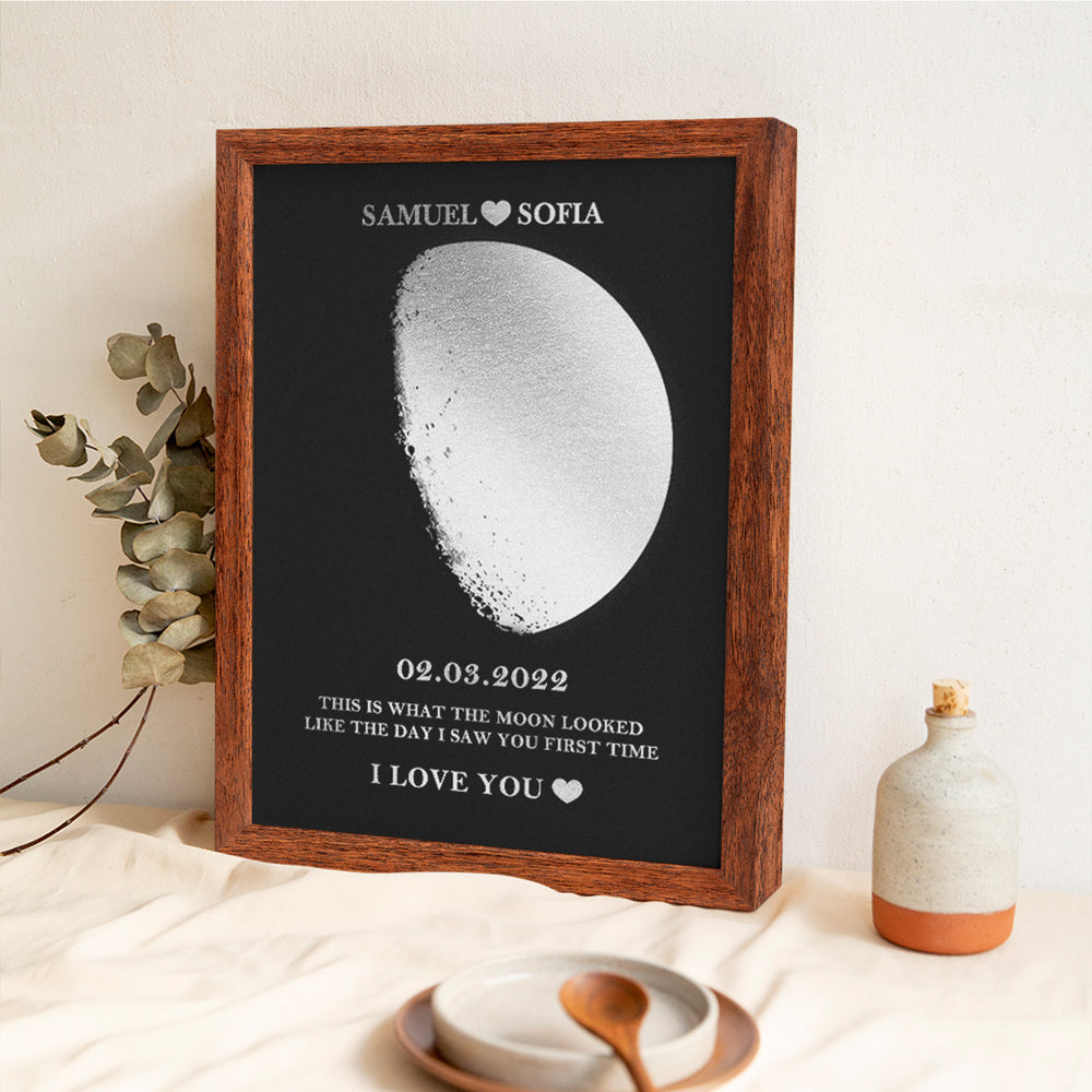 Custom Moon Phase Foil Print Wooden Frame Personalized Name and Text Family Gift