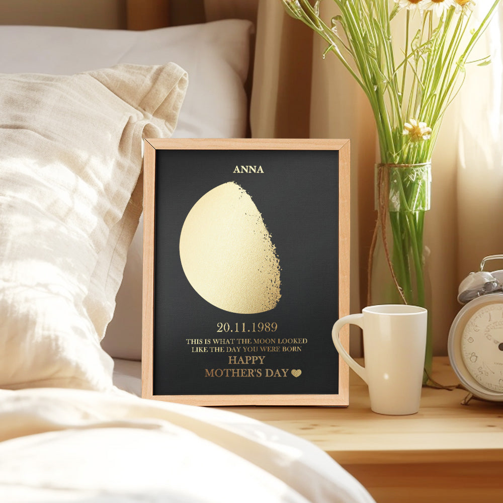 Custom Gold Foil Print Moon Phase and Names Wooden Frame with Your Text Custom Mother's Day Art Frame Best Gift for Mom