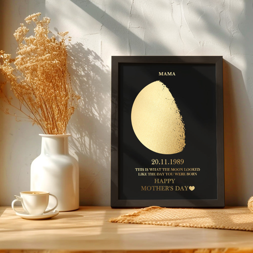 Custom Gold Foil Print Moon Phase and Names Wooden Frame with Your Text Custom Mother's Day Art Frame Best Gift for Mom