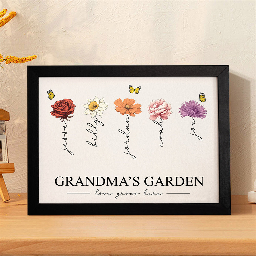 Custom Birth Month Flowers Garden With Grandkids Names Love Grows Here Personalized Wooden Photo Frame Mother's Day Gift