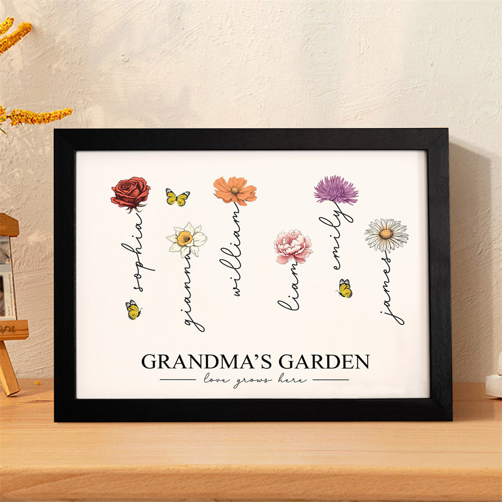 Custom Birth Month Flowers Garden With Grandkids Names Love Grows Here Personalized Wooden Photo Frame Mother's Day Gift