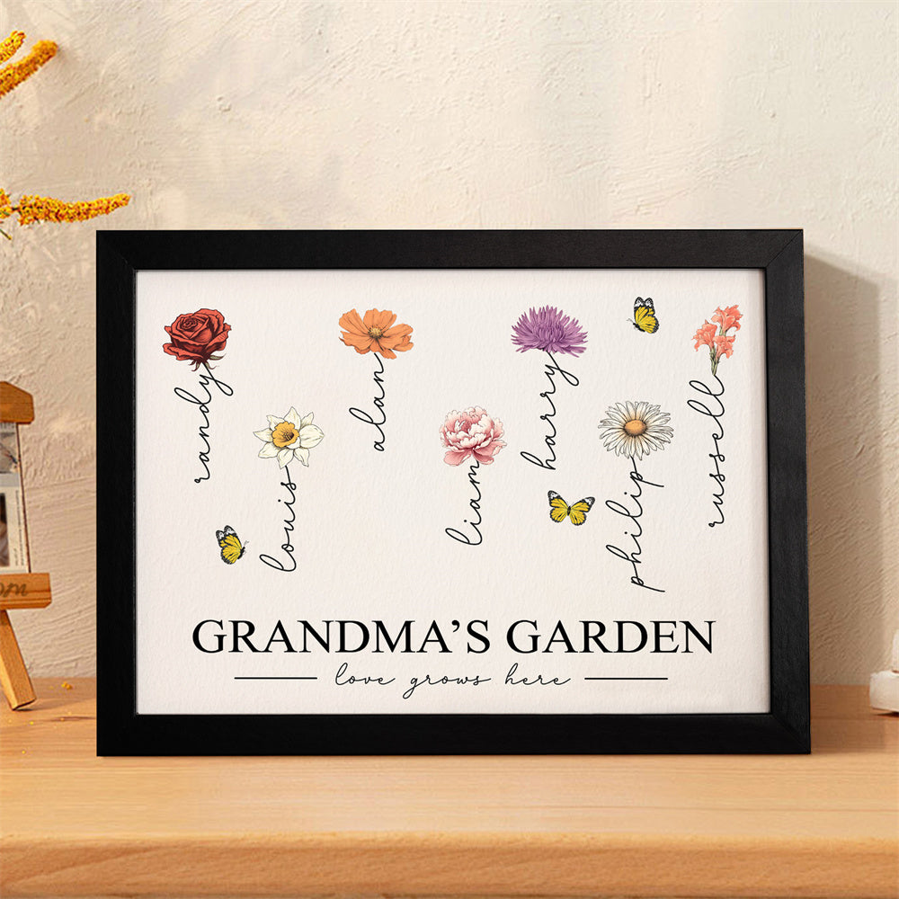 Custom Birth Month Flowers Garden With Grandkids Names Love Grows Here Personalized Wooden Photo Frame Mother's Day Gift