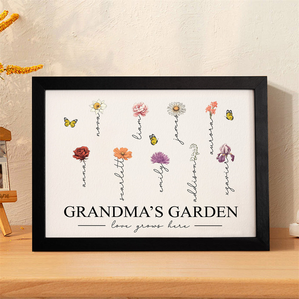 Custom Birth Month Flowers Garden With Grandkids Names Love Grows Here Personalized Wooden Photo Frame Mother's Day Gift