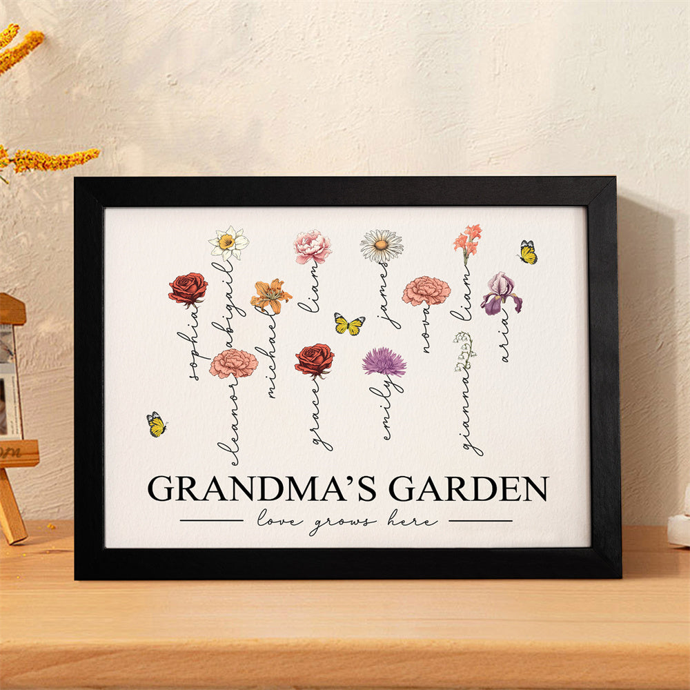 Custom Birth Month Flowers Garden With Grandkids Names Love Grows Here Personalized Wooden Photo Frame Mother's Day Gift