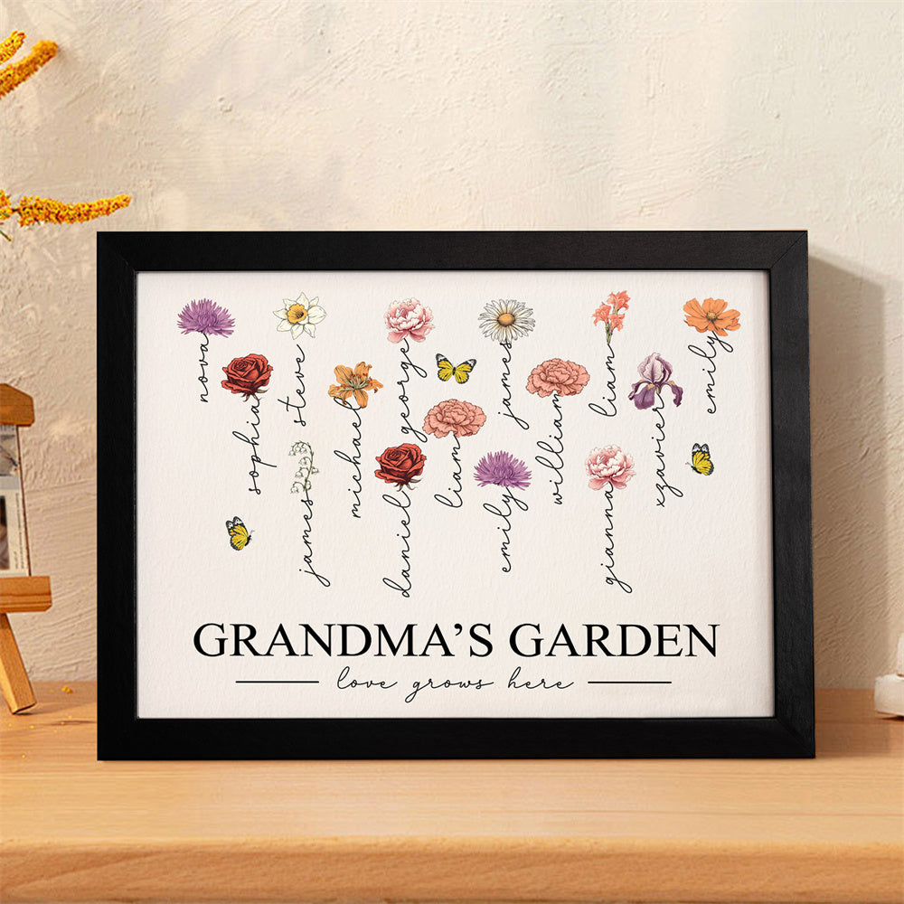 Custom Birth Month Flowers Garden With Grandkids Names Love Grows Here Personalized Wooden Photo Frame Mother's Day Gift