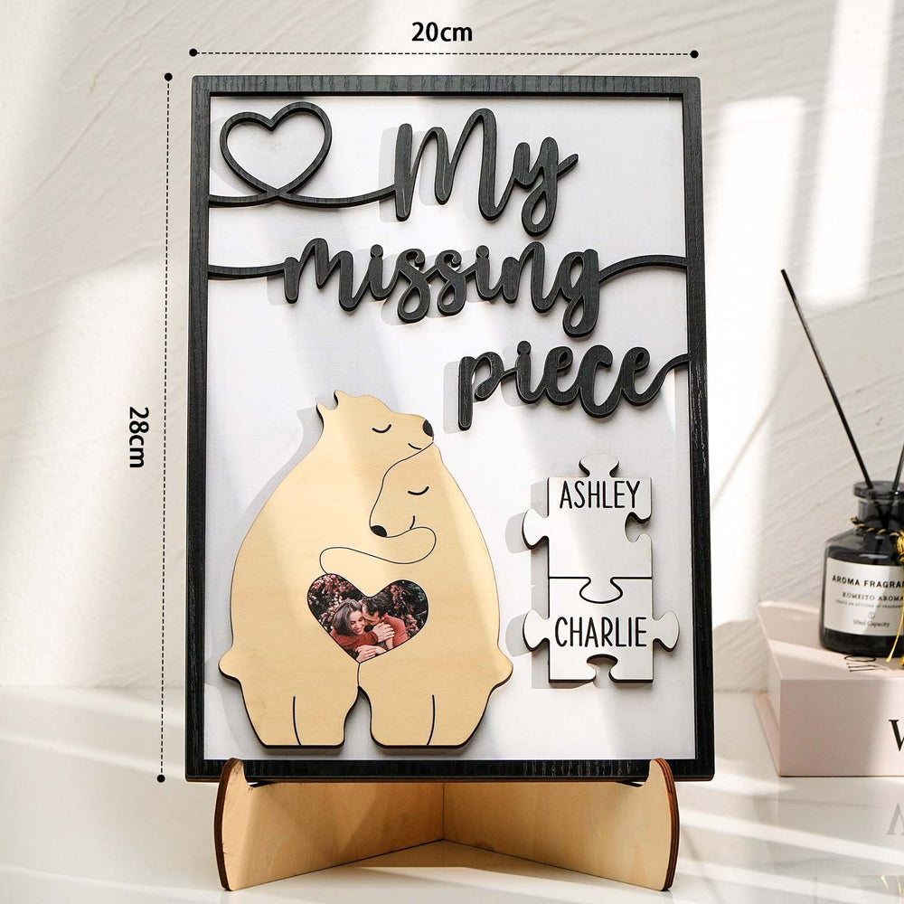 My Missing Piece Personalized Photo and Name Bear Couple 2 Layered Wood Plaque