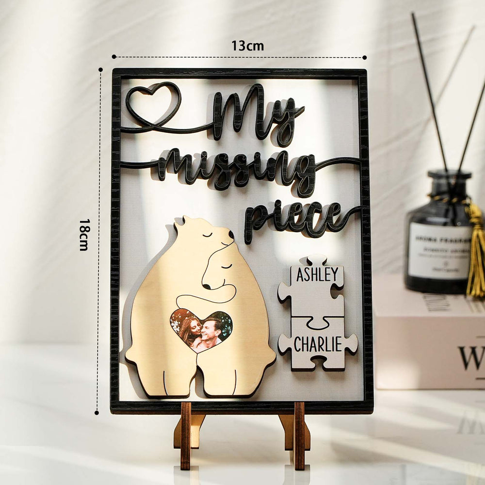 My Missing Piece Personalized Photo and Name Bear Couple 2 Layered Wood Plaque