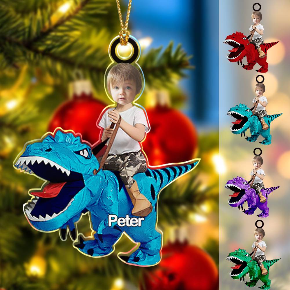 Personalized Cute Kid Rides The Dinosaurus Ornament with Name Christmas Ornament Gift