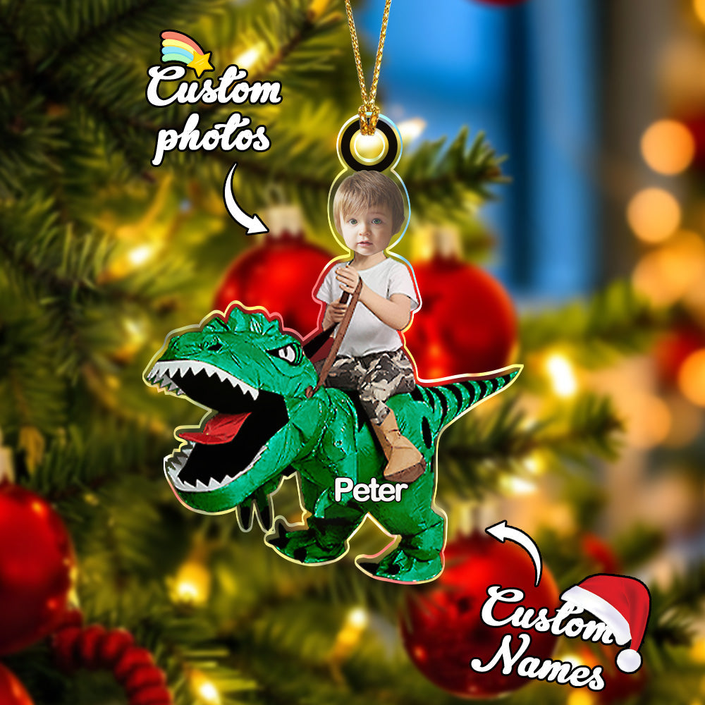 Personalized Cute Kid Rides The Dinosaurus Ornament with Name Christmas Ornament Gift