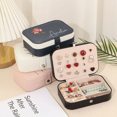 Personalized Birth Flower Leather Travel Jewelry Box with Name Waterproof Multiple Compartments Birthday Bridesmaid Gift for Women Girls - mysiliconefoodbag