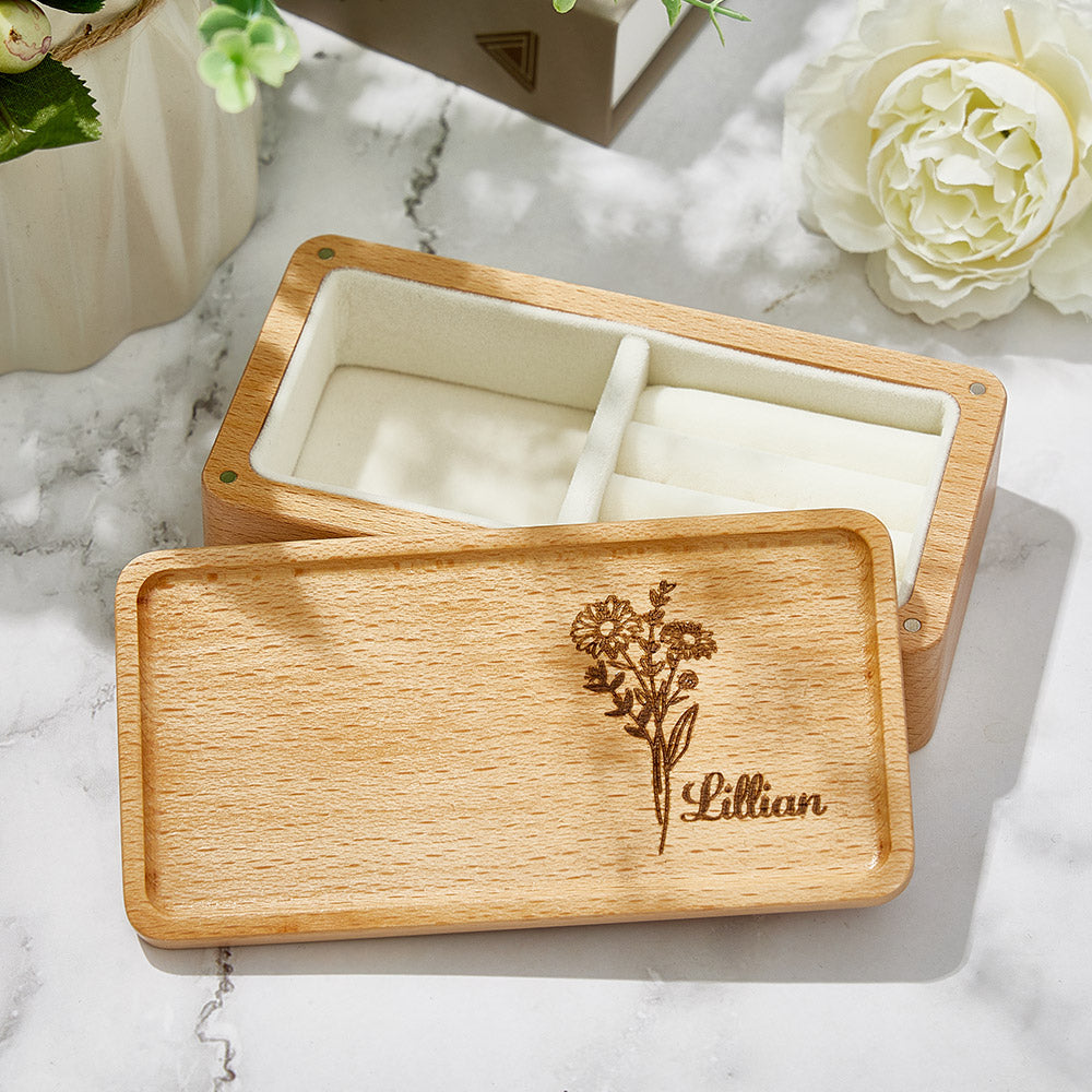 Personalized Birth Flower Jewelry Box Custom Name Jewelry Organizer Gift for Her