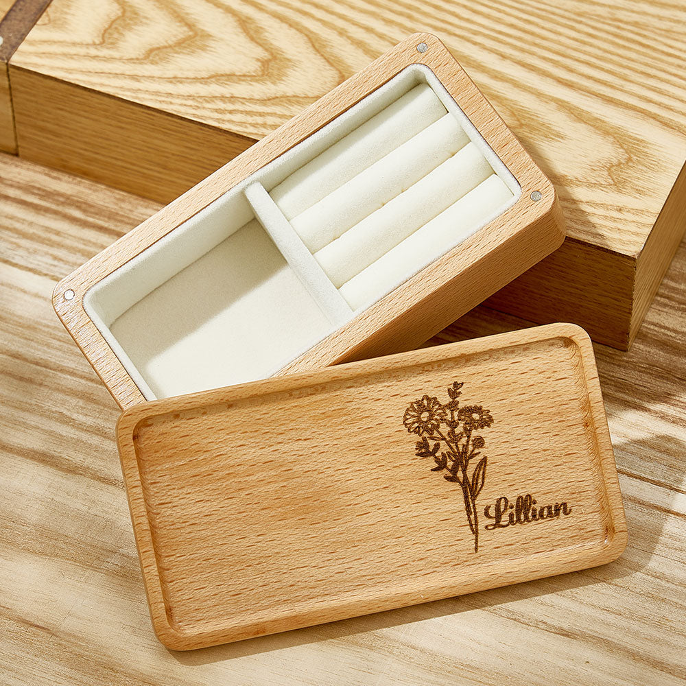 Personalized Birth Flower Jewelry Box Custom Name Jewelry Organizer Gift for Her