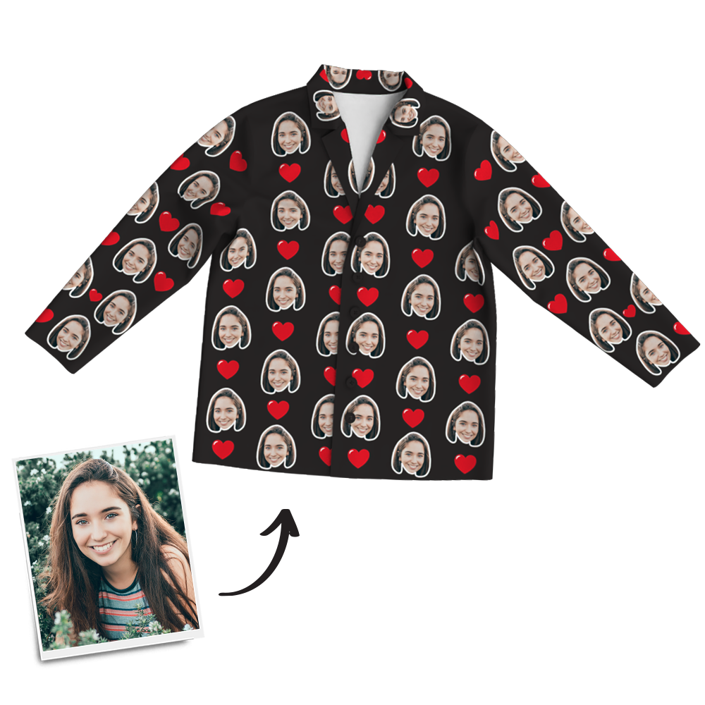 Custom Photo Long Sleeve Pajama Top, Sleepwear, Nightwear - Heart