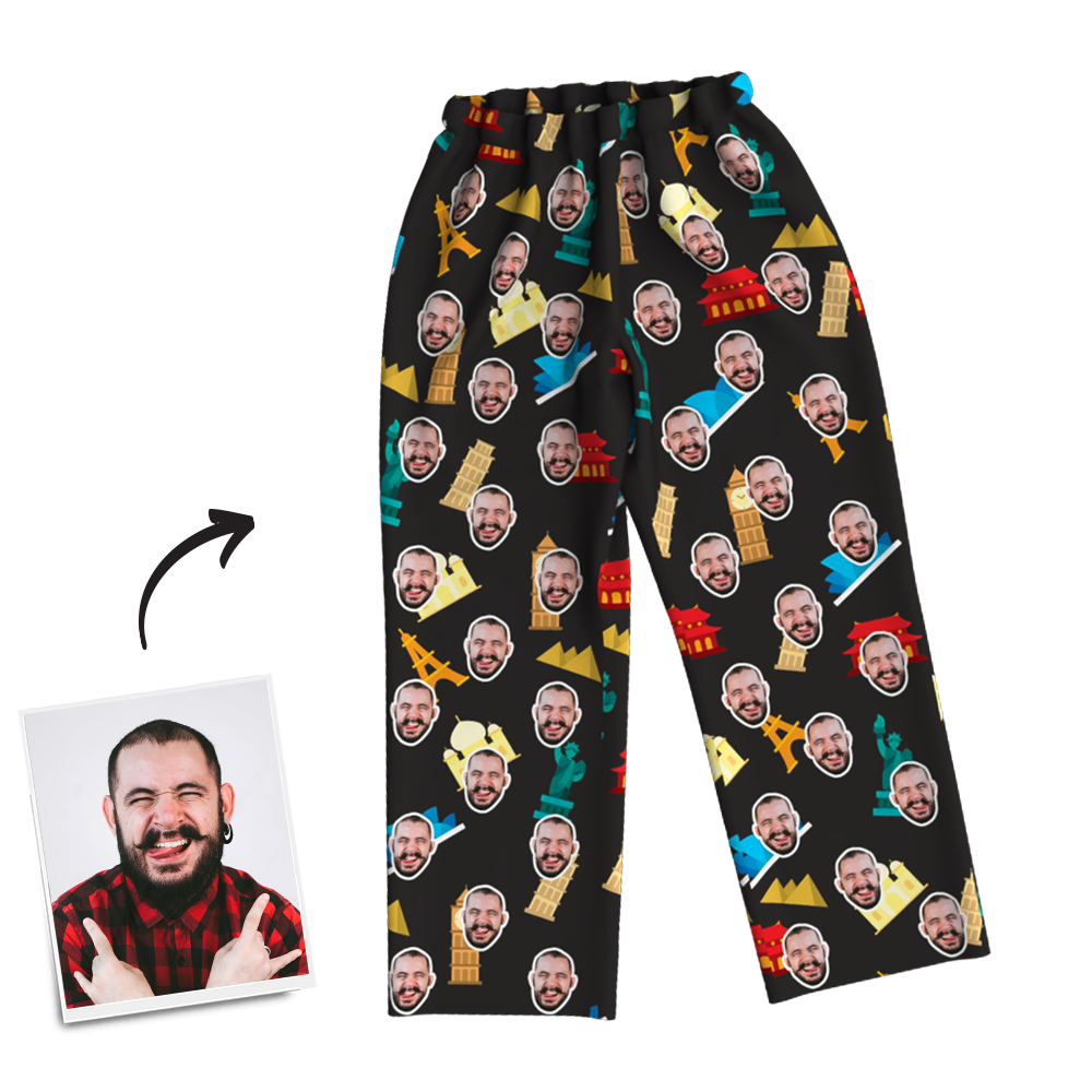 Custom Face Photo Pajama Pants Travel Around The World, Nightwear