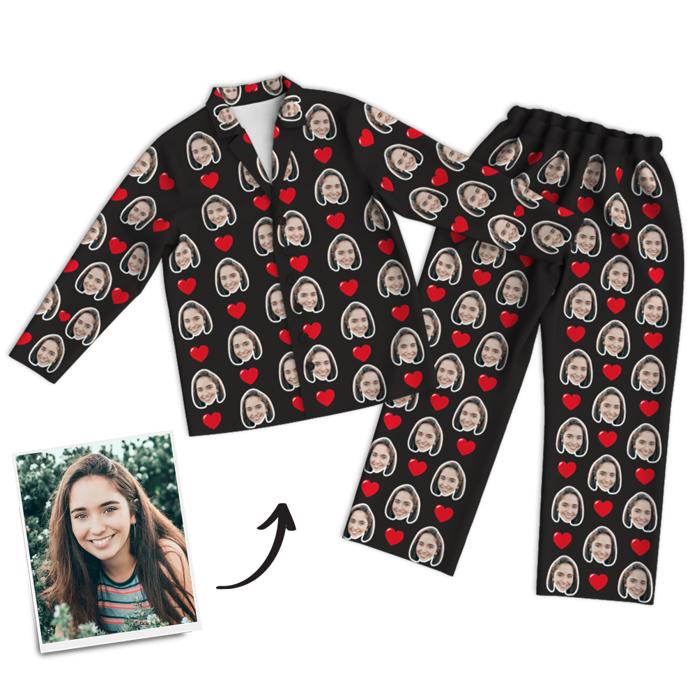 Custom Photo Long Sleeve Pajamas, Sleepwear, Nightwear - Heart