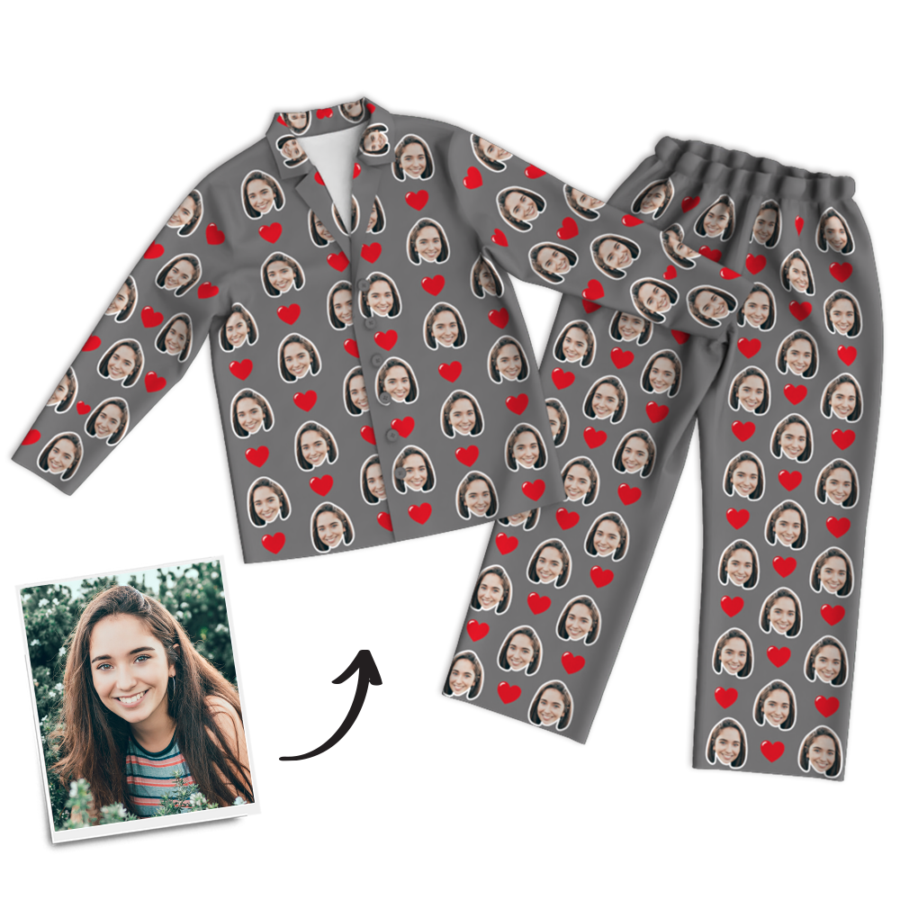 Custom Photo Long Sleeve Pajamas, Sleepwear, Nightwear - Heart