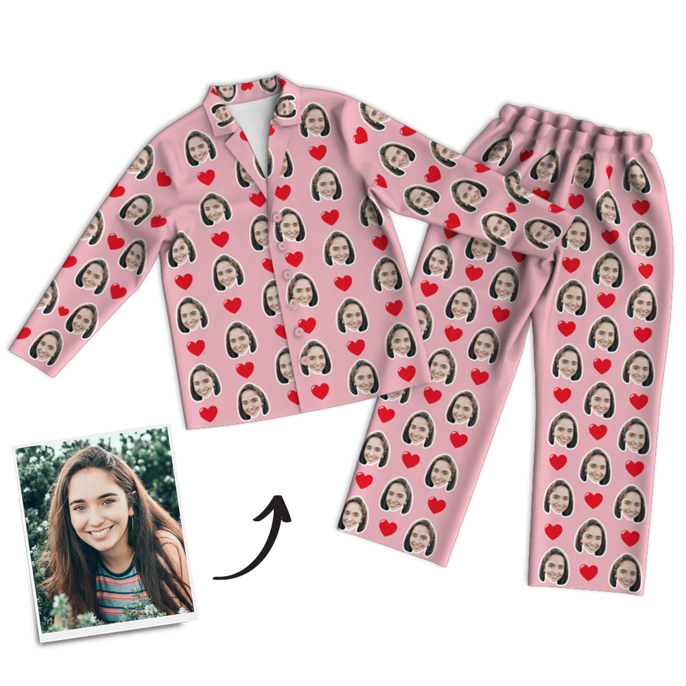 Custom Photo Long Sleeve Pajamas, Sleepwear, Nightwear - Heart