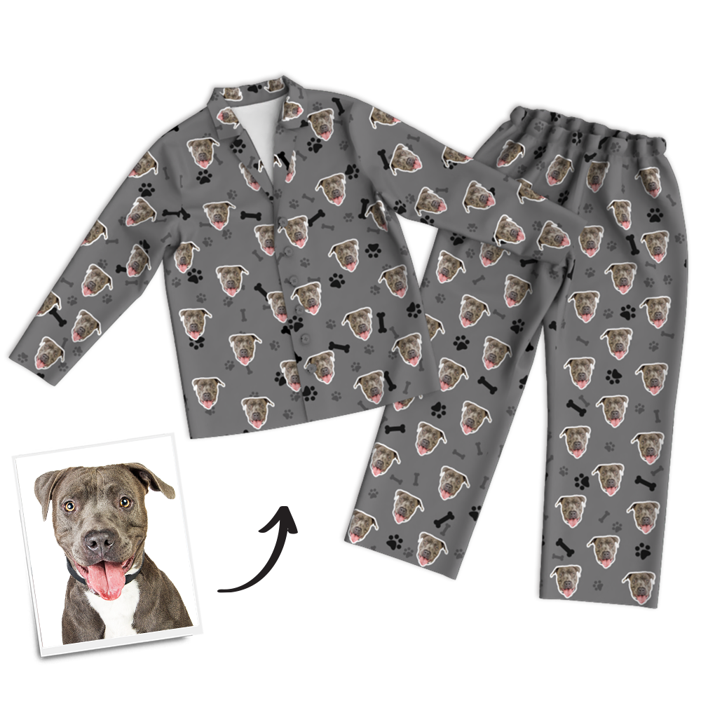 Custom Dog Photo Long Sleeve Pajamas, Sleepwear, Nightwear - Bone