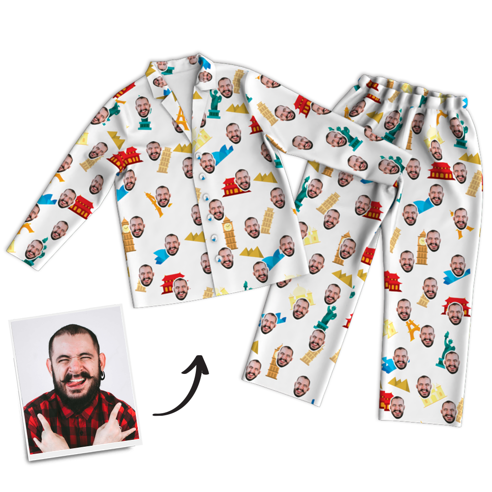 Custom Face Photo Pajama Pants Travel Around The World, Nightwear