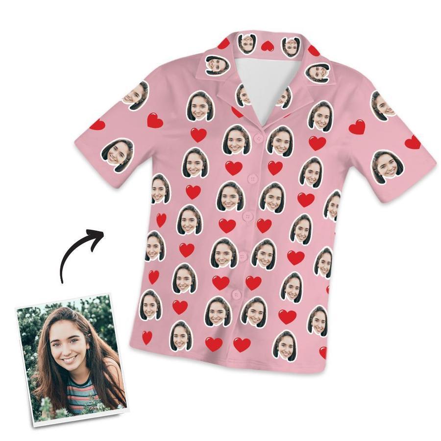 Custom Face Short Sleeved Pajamas With Hearts - Unique Pajamas Gifts For Mom