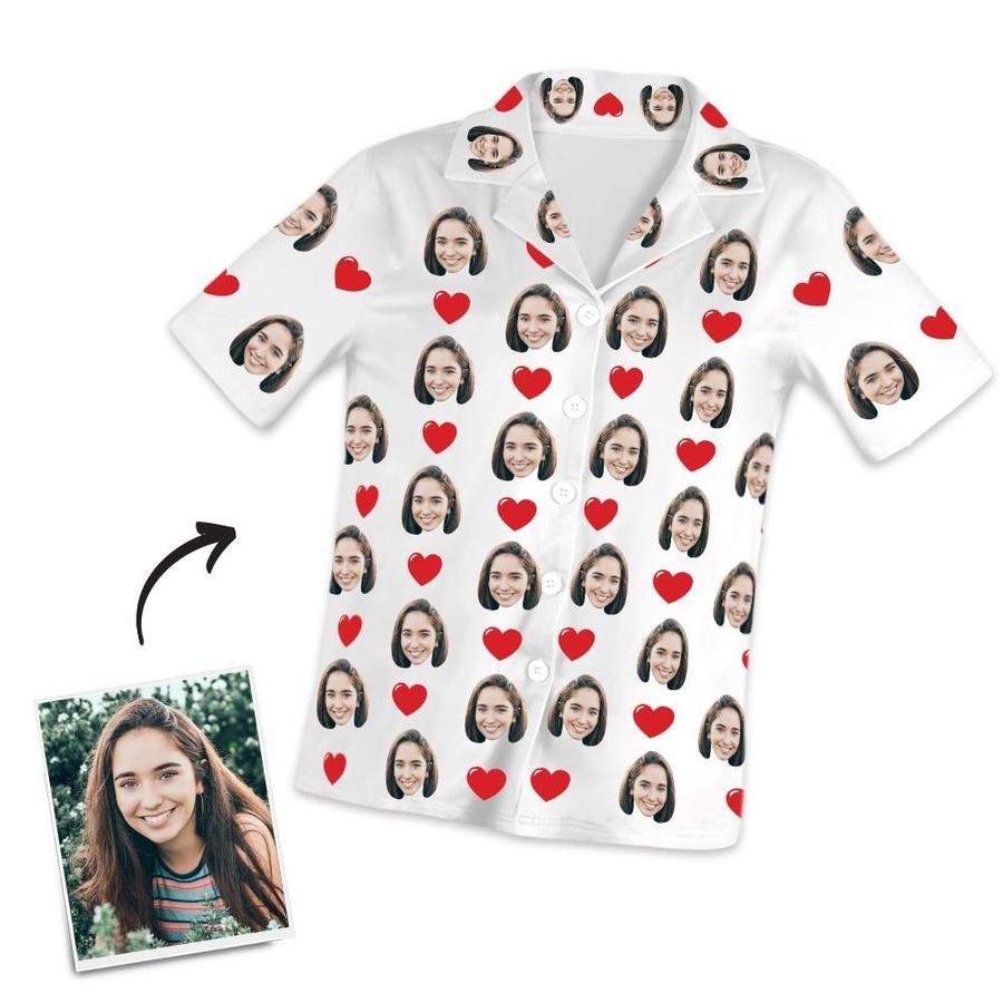 Custom Face Short Sleeved Pajamas With Hearts - Unique Pajamas Gifts For Mom