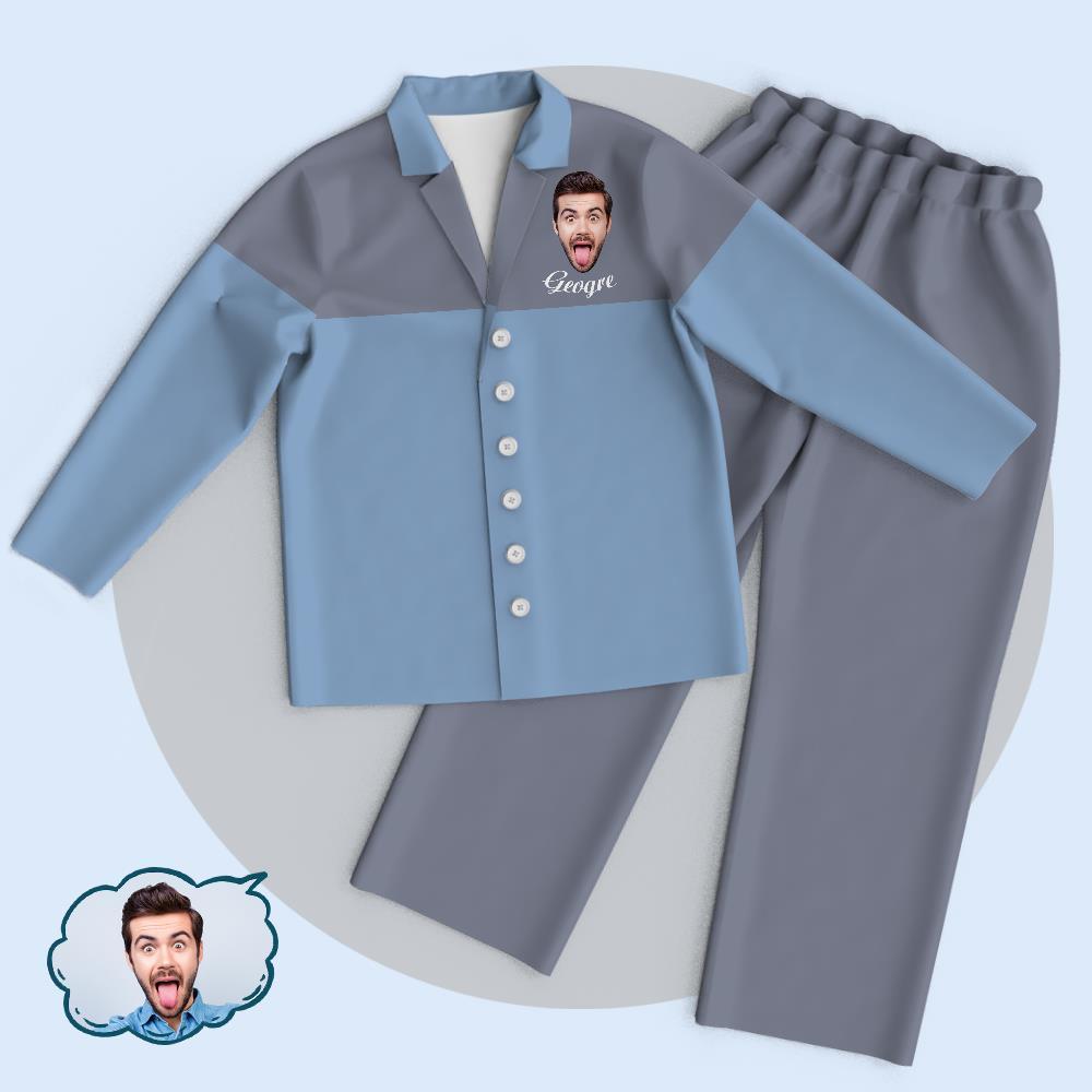 Custom Blue-Grey Colorblock Unisex Cardigan Pajamas Suit Add Your Photo And Name