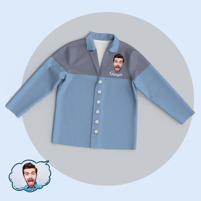 Custom Blue-Grey Colorblock Unisex Cardigan Pajama Tops Add Your Photo And Name - mysiliconefoodbag