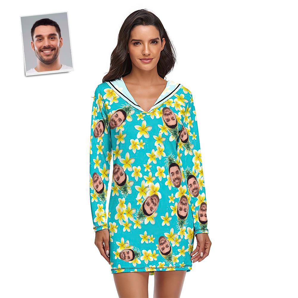 Custom Face Pajamas Women's Pajama Sets Long-sleeved Dress Summer Sleepwear - Yellow Flower