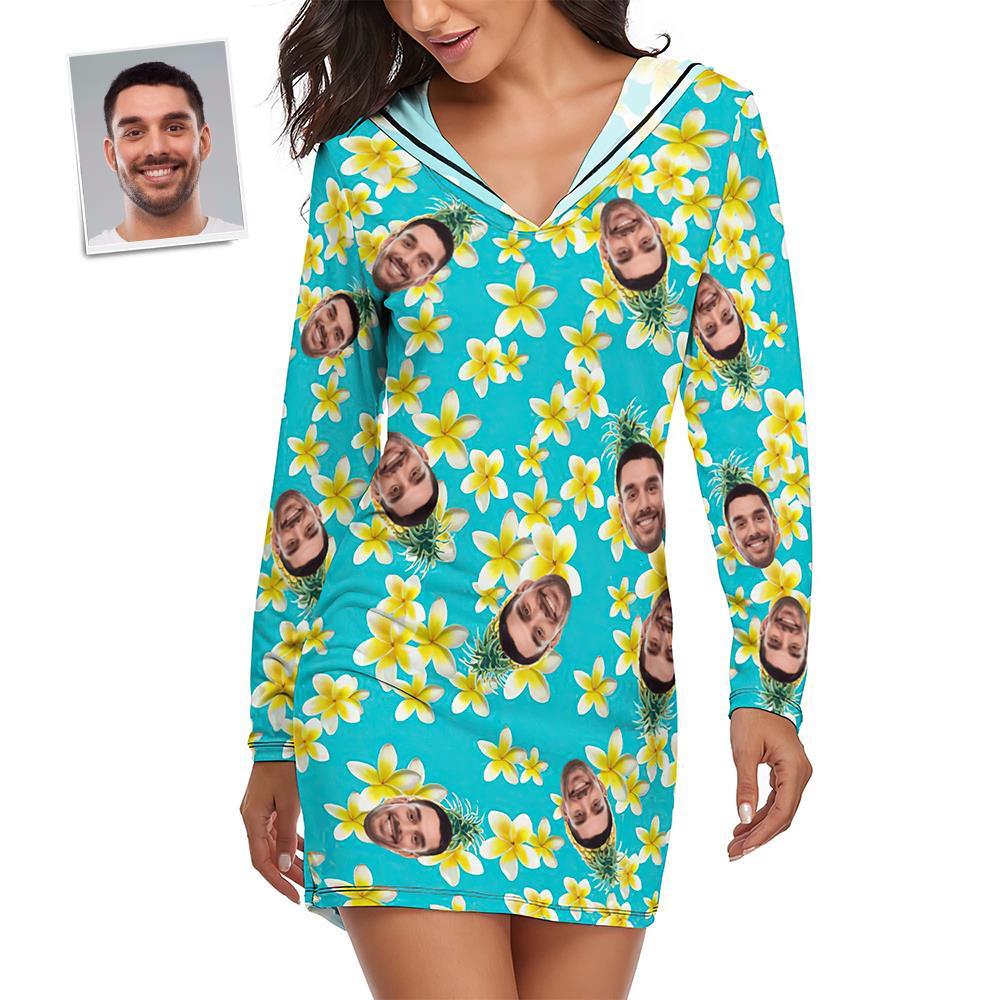 Custom Face Pajamas Women's Pajama Sets Long-sleeved Dress Summer Sleepwear - Yellow Flower