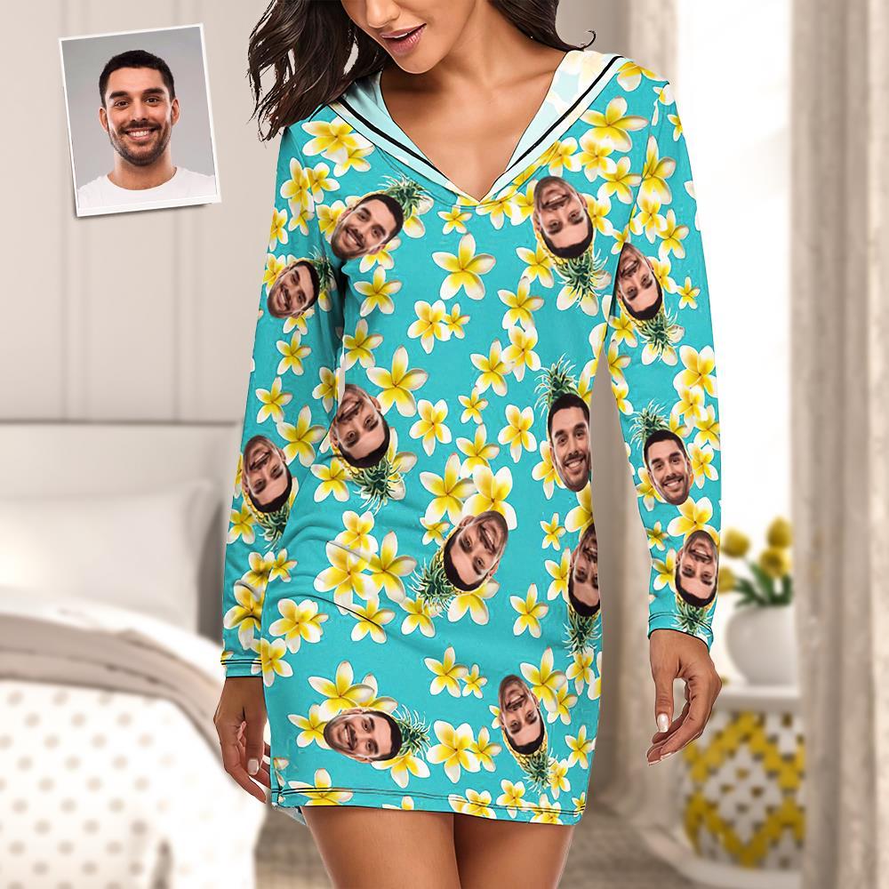 Custom Face Pajamas Women's Pajama Sets Long-sleeved Dress Summer Sleepwear - Yellow Flower