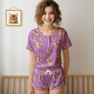 Custom Face Pajamas Cat Face Women Short Pajama Set Gift for Pet Lover - mysiliconefoodbag