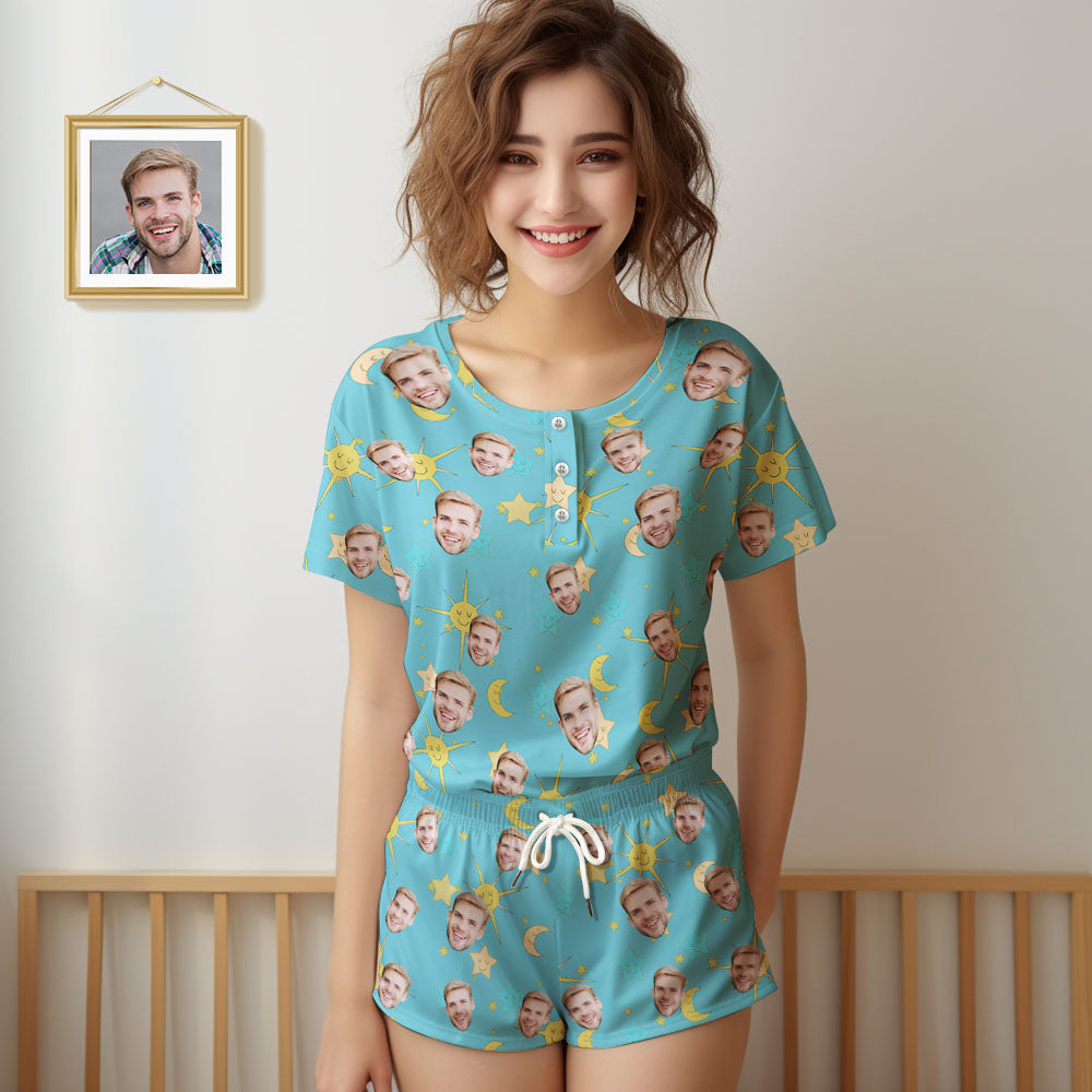 Custom Face Pajamas Women Blue Short Pajama Set Gift