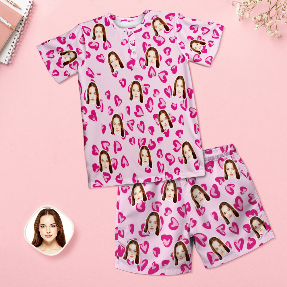 Custom Face Pajamas Women Blue Short Pajama Set Gift Pink Heart