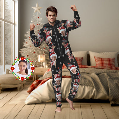 Custom Face Christmas Elk Onesies Pajamas One-Piece Sleepwear Christmas Gift - mysiliconefoodbag