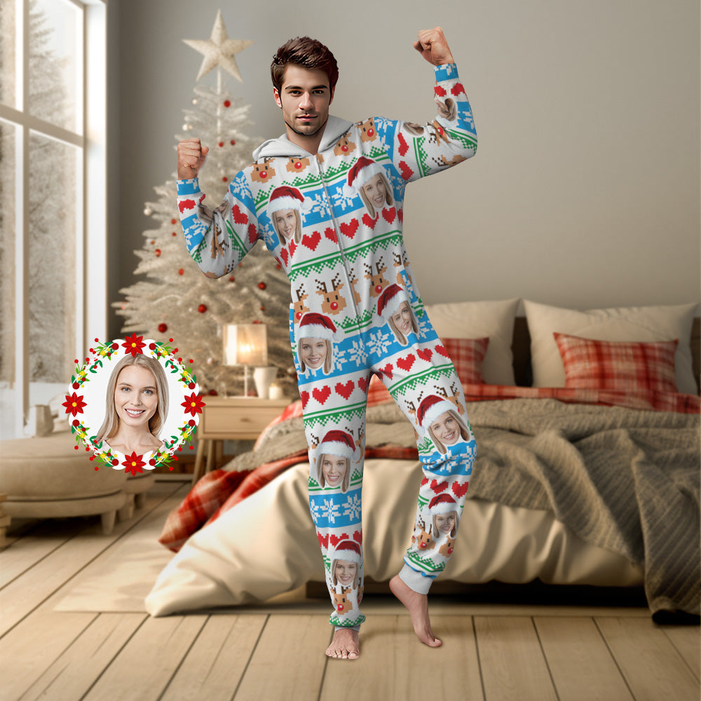 Custom Face Christmas Print Onesies Pajamas One-Piece Sleepwear Christmas Gift