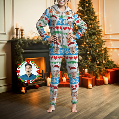 Custom Face Christmas Print Onesies Pajamas One-Piece Sleepwear Christmas Gift - mysiliconefoodbag