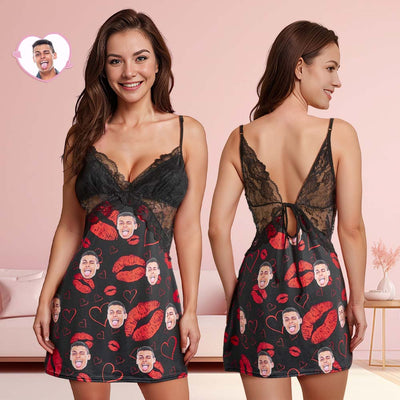 Custom Husband Face Red Lips and Heart Women Lace Sleepwear Back Closure V Neck Nightwear Gift for Her - mysiliconefoodbag