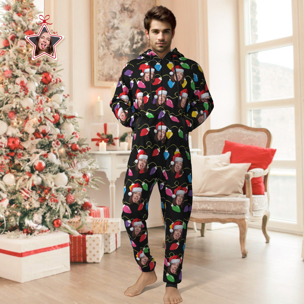 Custom Face Christmas Lights Printed Flannel Fleece Onesie Pajamas Personalized Face Jumpsuit Homewear Christmas Gift