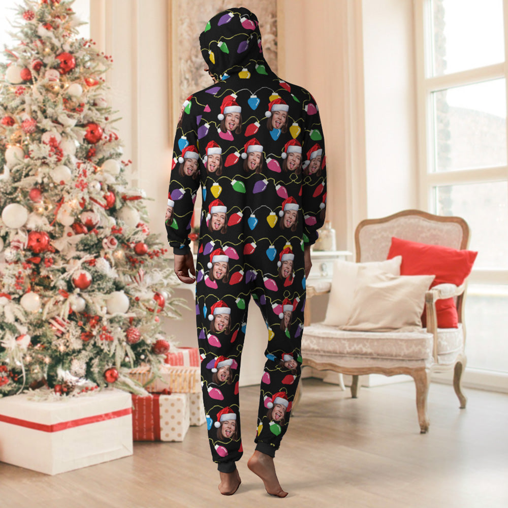 Custom Face Christmas Lights Printed Flannel Fleece Onesie Pajamas Personalized Face Jumpsuit Homewear Christmas Gift