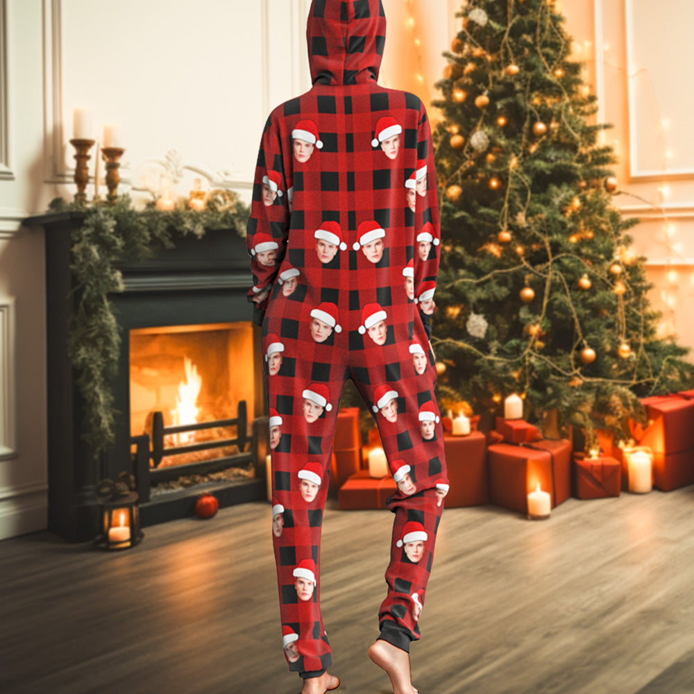 Custom Onesies Photo Pajamas One-Piece Sleepwear Red and Black Plaid Jumpsuit Homewear Christmas Gift