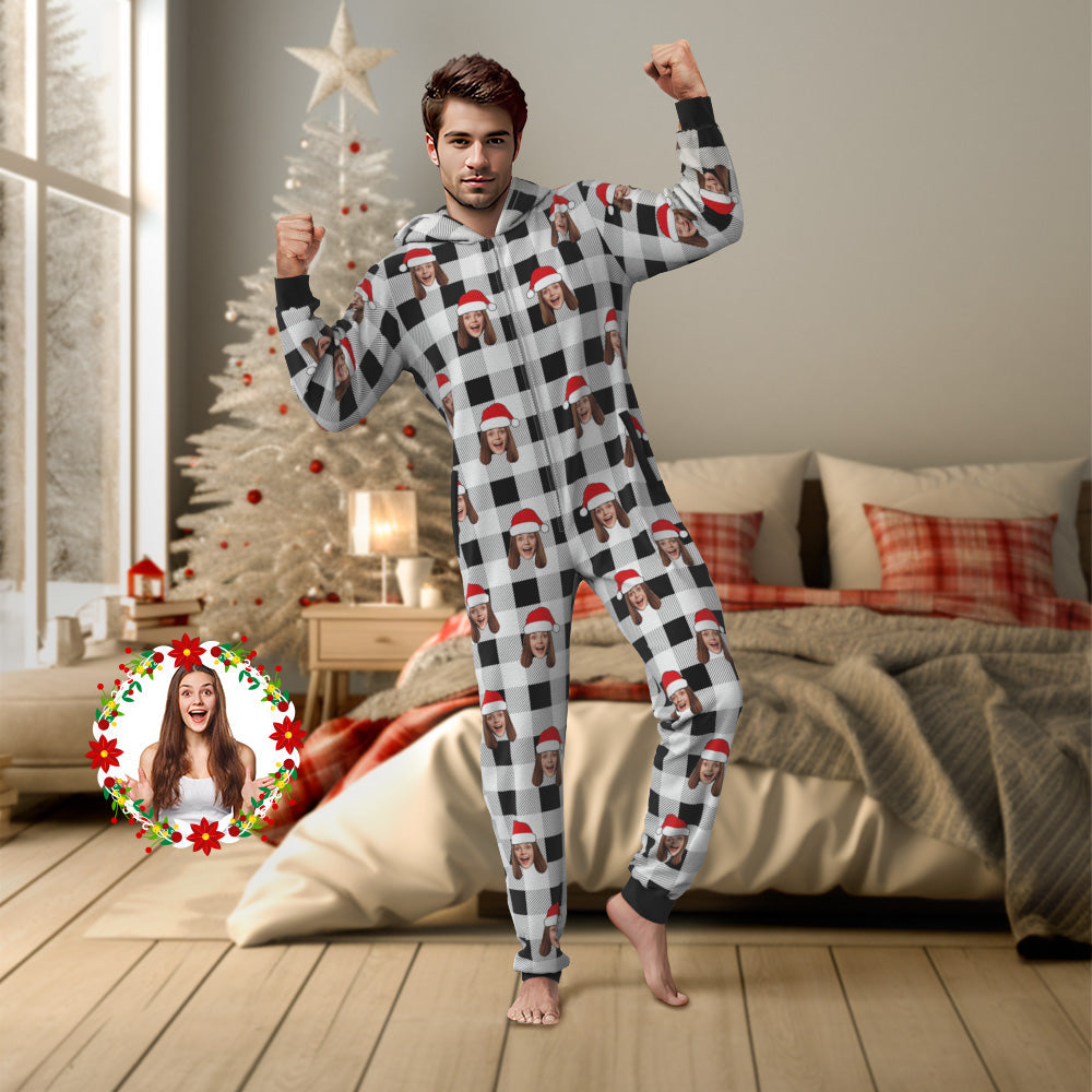 Custom Onesies Photo Pajamas One-Piece Sleepwear Red and Black Plaid Jumpsuit Homewear Christmas Gift