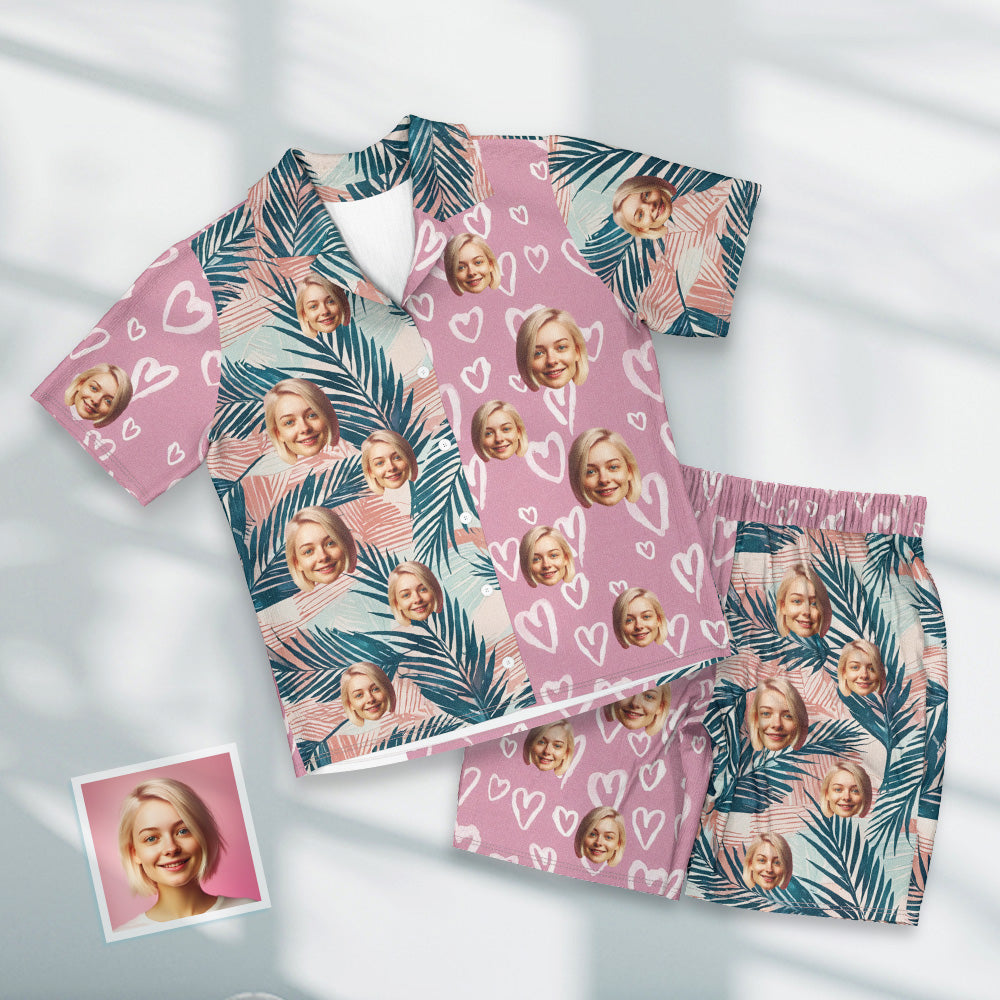 Custom Face Short Sleeve Pajamas Personalized Leaves Pajama Women Men Pink Sleepwear