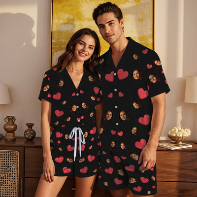 Custom Face Short Sleeve Pajamas Custom Red Heart Photo Pajamas